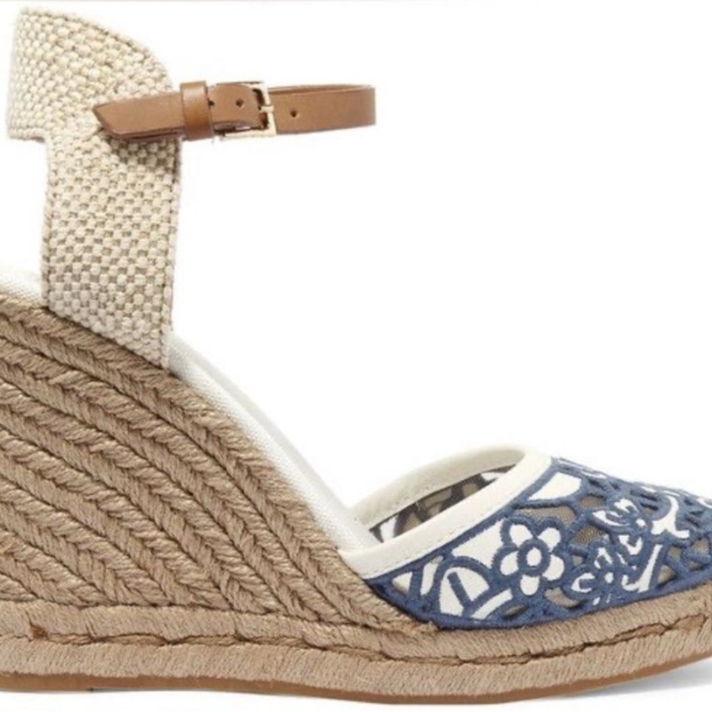 Tory Burch Blue and Cream Espadrille Wedges